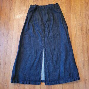 Roamans 8 Black Denim Long A Line Skirt Cotton Maxi Modest Front Slit